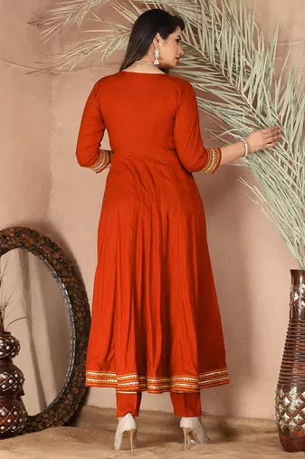 Orange gotta patti rayon stitched slit anarkali pant suit set