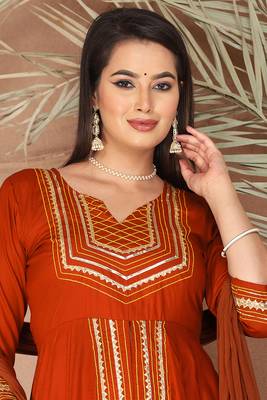 Orange gotta patti rayon stitched slit anarkali pant suit set 4