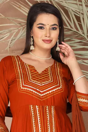 Orange gotta patti rayon stitched slit anarkali pant suit set