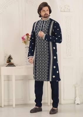 Blue sylish mirror embroidery silk kurta pajama 1