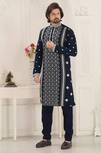 Blue sylish mirror embroidery silk kurta pajama