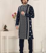 Blue sylish mirror embroidery silk kurta pajama