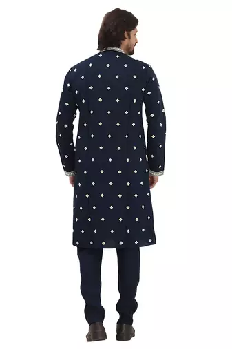 Blue sylish mirror embroidery silk kurta pajama