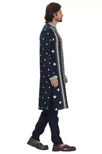 Blue sylish mirror embroidery silk kurta pajama