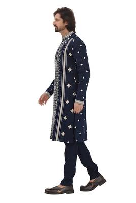 Blue sylish mirror embroidery silk kurta pajama 5