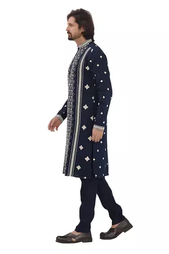 Blue sylish mirror embroidery silk kurta pajama