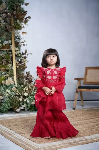Red hand embroidered sharara set