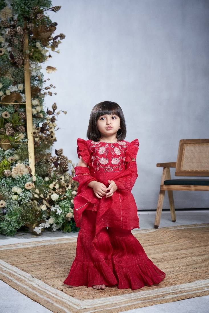 Red hand embroidered sharara set