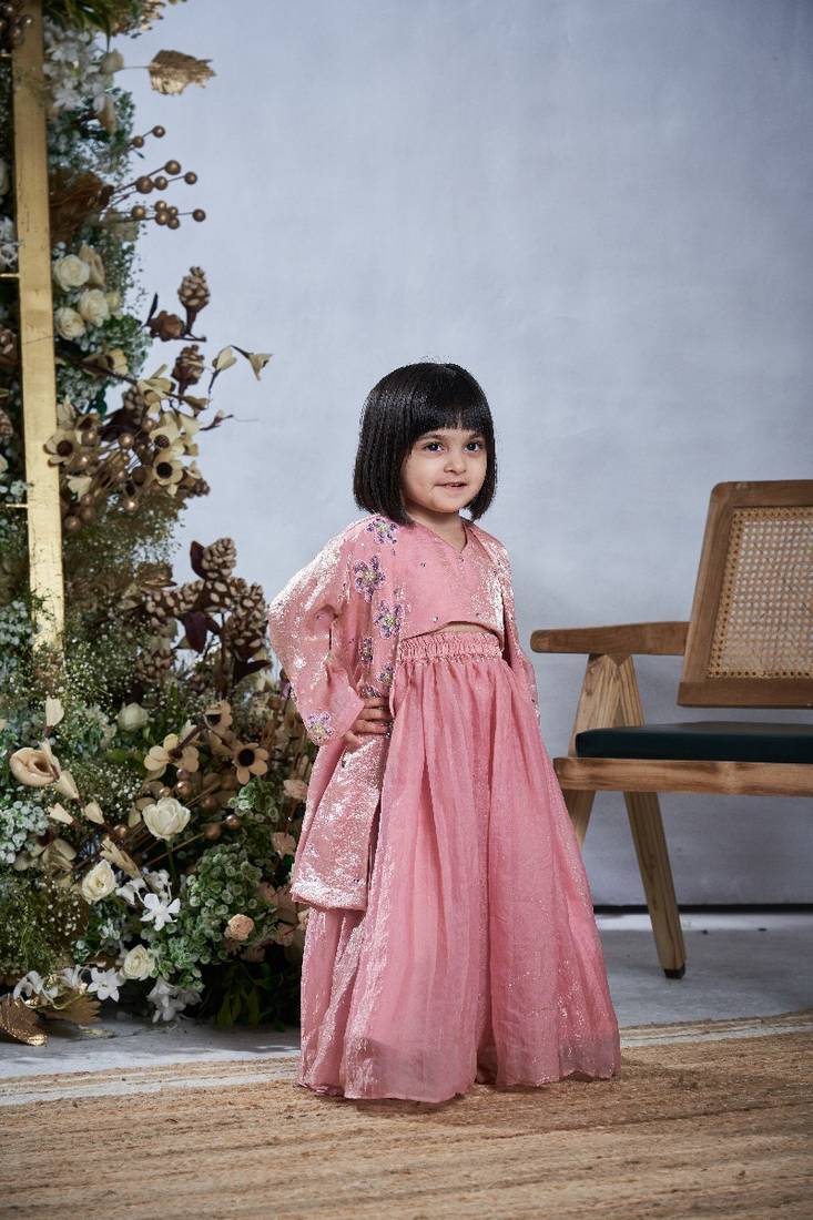 Baby pink floral embroidery jacket set