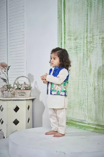 Blue printed kurta jacket set for boys