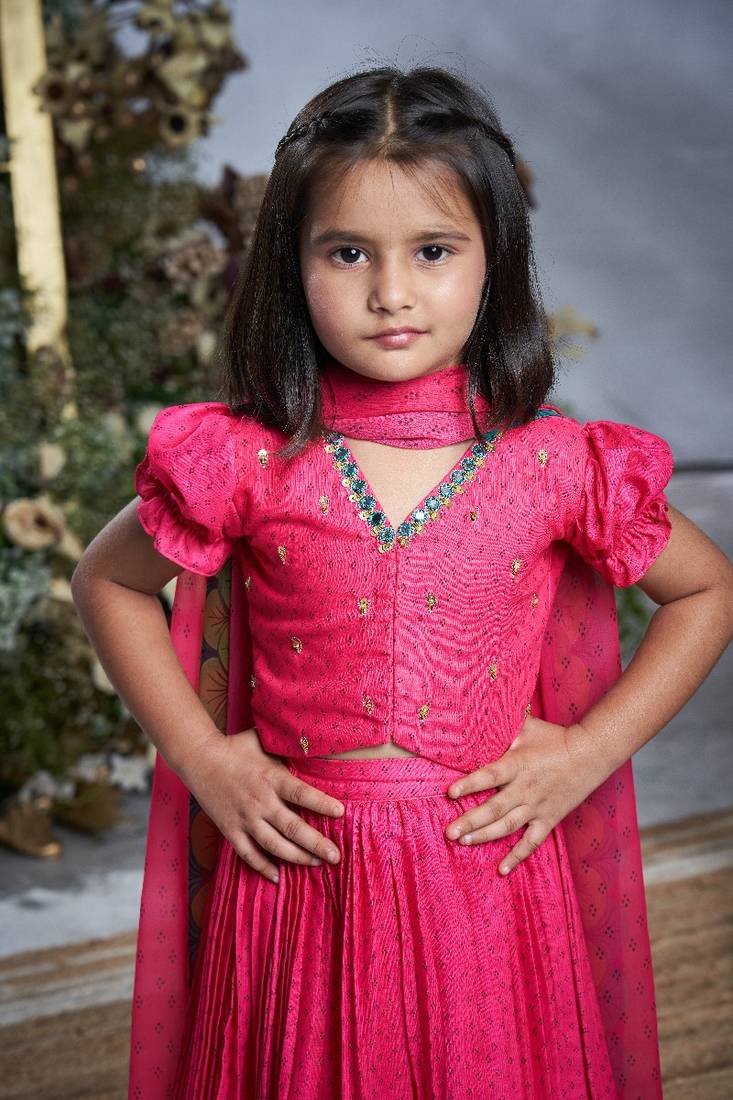 Deep pink floral printed lehenga set