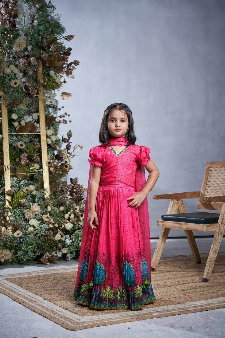 Deep pink floral printed lehenga set