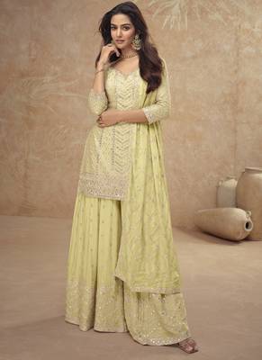 Light yellow chinon silk embroidered designer Palazzo suit 1
