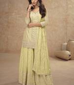 Light yellow chinon silk embroidered designer Palazzo suit