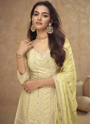 Light yellow chinon silk embroidered designer Palazzo suit 2
