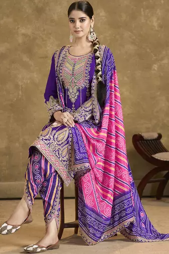 Violet chinon silk embroidered designer dhoti suit