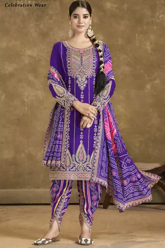 Violet chinon silk embroidered designer dhoti suit