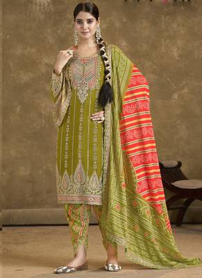 Mahendi chinon silk embroidered designer dhoti suit 1