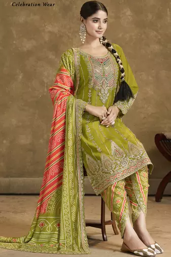 Mahendi chinon silk embroidered designer dhoti suit