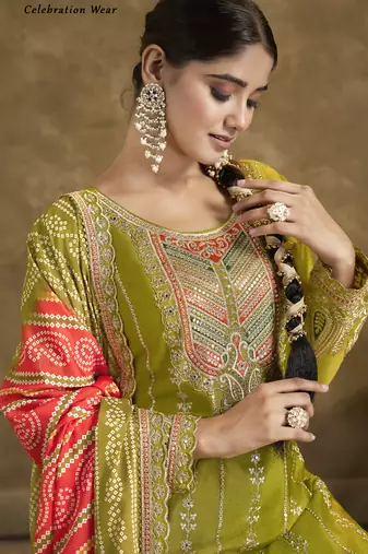 Mahendi chinon silk embroidered designer dhoti suit
