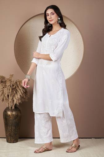 Women chikankari white kurta with pallazzo set
