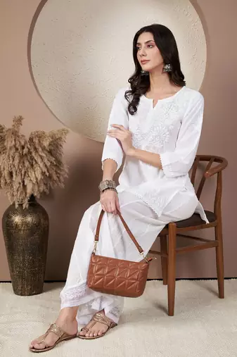 Women chikankari white short kurta with pallazzo set