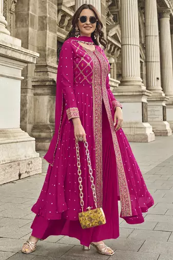 Rani pink georgette embroidered palazzo suit