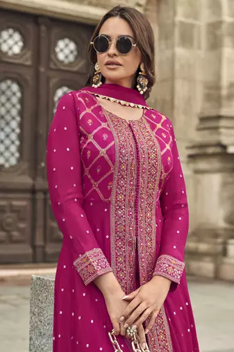 Rani pink georgette embroidered palazzo suit