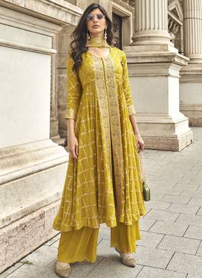 Yellow georgette embroidered palazzo suit 1