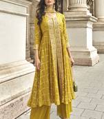 Yellow georgette embroidered palazzo suit