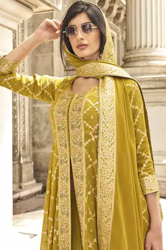 Yellow georgette embroidered palazzo suit