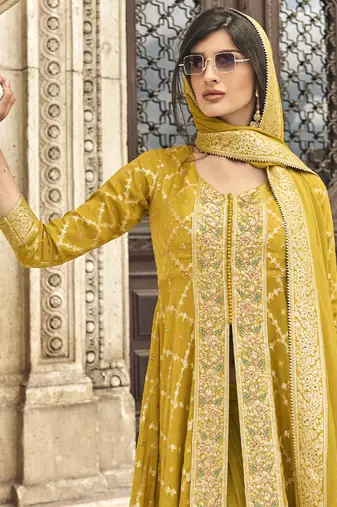 Yellow georgette embroidered palazzo suit