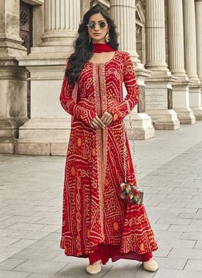 Red georgette embroidered palazzo suit 1