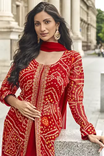 Red georgette embroidered palazzo suit