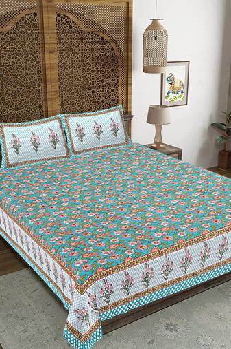 Rudra bazaar turquoise blue  210 tc cotton double king bedsheet with 2 pillow covers