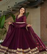Wine georgette embroidery zari sequins flared gown with heavy dupatta