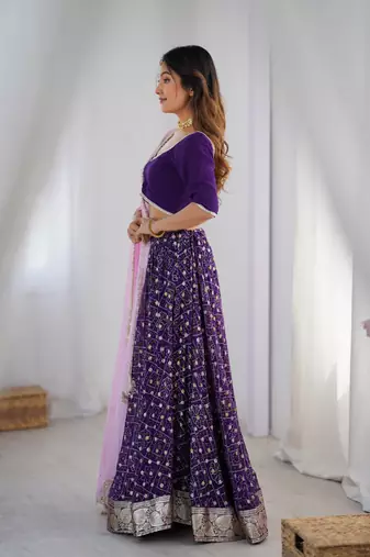 Purple bandhani flared lehenga set