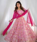 Pink Tiered Lehenga with Blouse and Magenta Dupatta