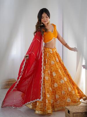 Yellow Bandhani Printed Lehenga with Blouse and Red Dupatta 1
