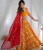 Yellow Bandhani Printed Lehenga with Blouse and Red Dupatta