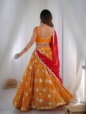 Yellow Bandhani Printed Lehenga with Blouse and Red Dupatta 2
