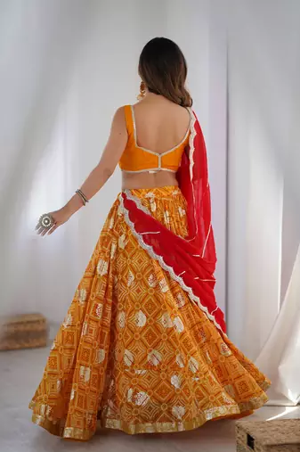 Yellow Bandhani Printed Lehenga with Blouse and Red Dupatta