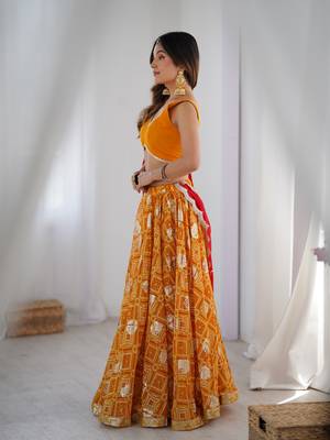 Yellow Bandhani Printed Lehenga with Blouse and Red Dupatta 4