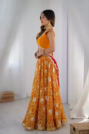 Yellow Bandhani Printed Lehenga with Blouse and Red Dupatta
