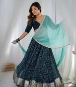 Teal Blue Lehenga With Blouse and Powder Blue Dupatta