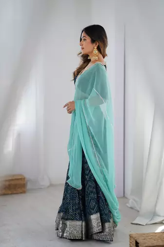Teal Blue Lehenga With Blouse and Powder Blue Dupatta