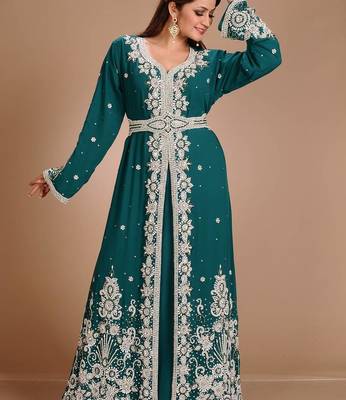 Green zari stones embellished georgette islamic maxi kaftan 2