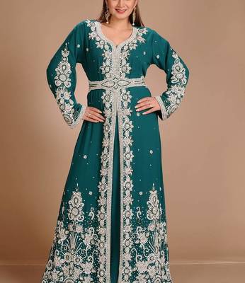 Green zari stones embellished georgette islamic maxi kaftan 3