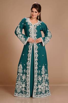 Green zari stones embellished georgette islamic maxi kaftan 4
