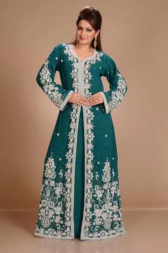 Green zari stones embellished georgette islamic maxi kaftan
